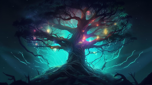 Un albero mistico con rami incandescente Concetto di fantasia Pittura illustrativa IA generativa