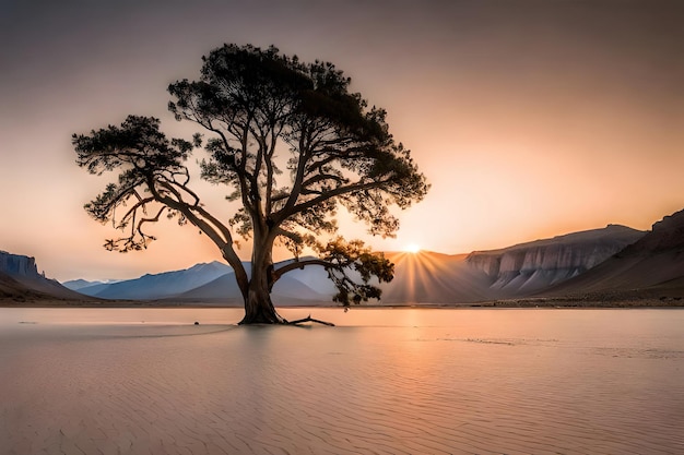 Un albero nel deserto al tramonto