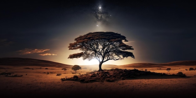 Un albero nel deserto con il sole che splende su di esso