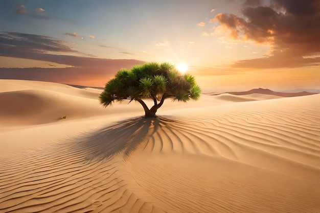 Un albero nel deserto con il sole che tramonta dietro di esso