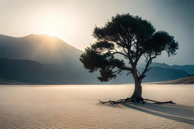 Un albero nel deserto con le montagne sullo sfondo