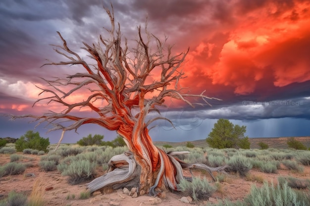 Un albero nel deserto con un cielo rosso alle spalle