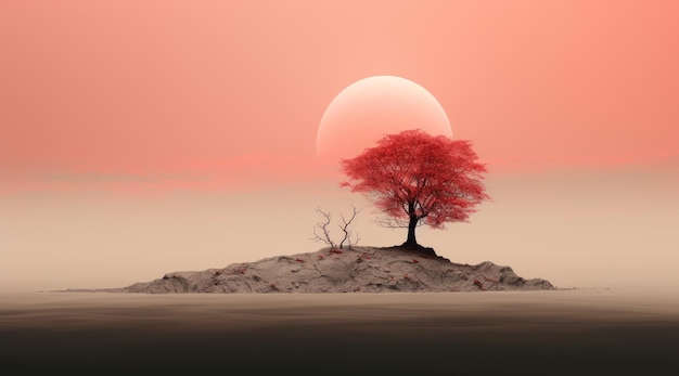 Un albero nel deserto con uno sfondo rosso.