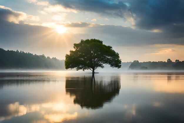 un albero nell'acqua con il sole che tramonta dietro di esso