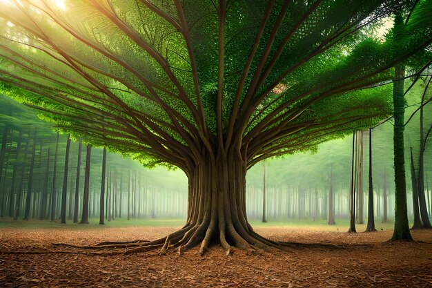 Un albero nella foresta con il sole che splende attraverso i rami