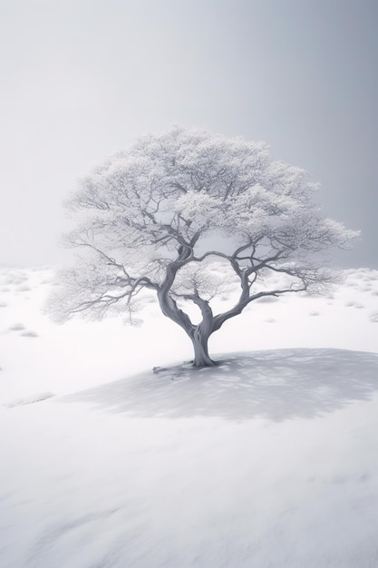 Un albero nella neve con il gelo su di esso