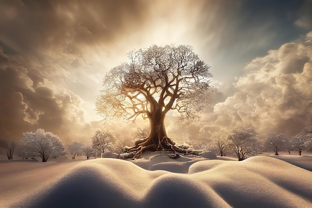 Un albero nella neve con il sole che splende attraverso le nuvole
