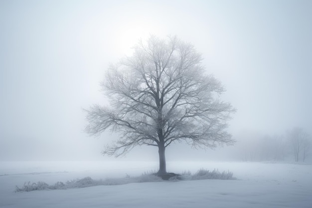 Un albero nella neve in una giornata nebbiosa