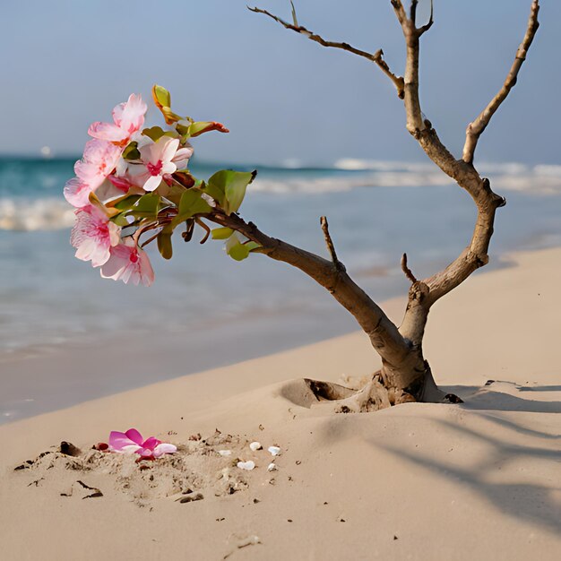 un albero nella sabbia con dei fiori su di esso