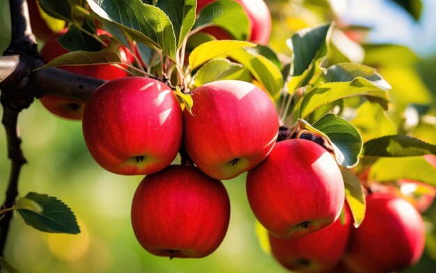 Un albero pieno di mele rosse fresche in una pittoresca fattoria di mele