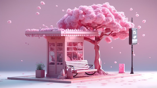 Un albero rosa con fiori rosa è davanti a un piccolo negozio.