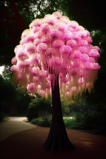 Un albero rosa con sopra un mazzo di fiori