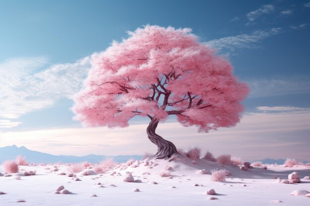 un albero rosa in mezzo a un campo innevato