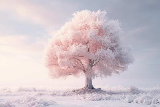 un albero rosa in mezzo a un campo innevato