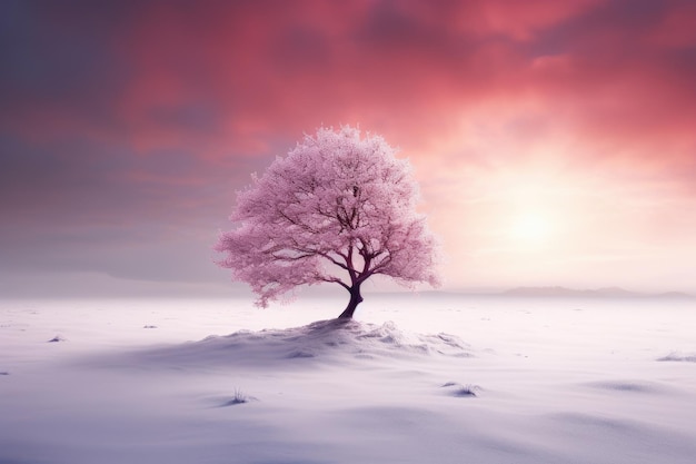 un albero rosa in mezzo a un campo innevato