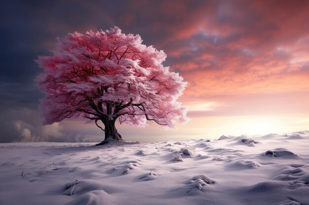 un albero rosa in mezzo a un campo innevato