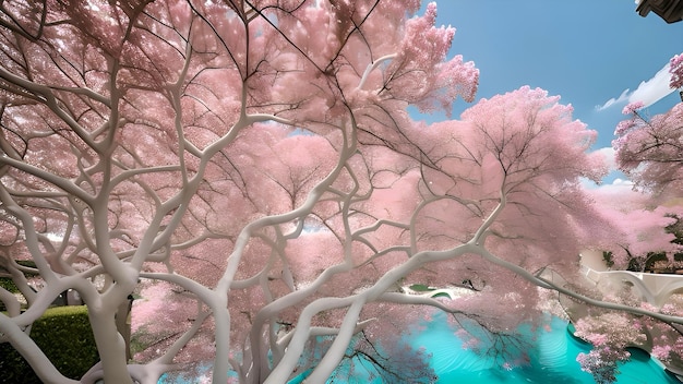 Un albero rosa in un cielo blu