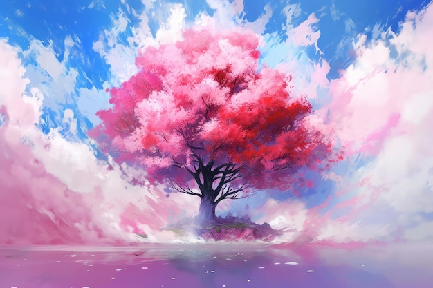 Un albero rosa su un cielo blu con nuvole e un albero rosa.