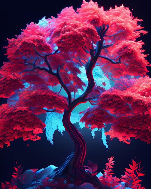 Un albero rosso con uno sfondo blu e la parola albero su di esso.