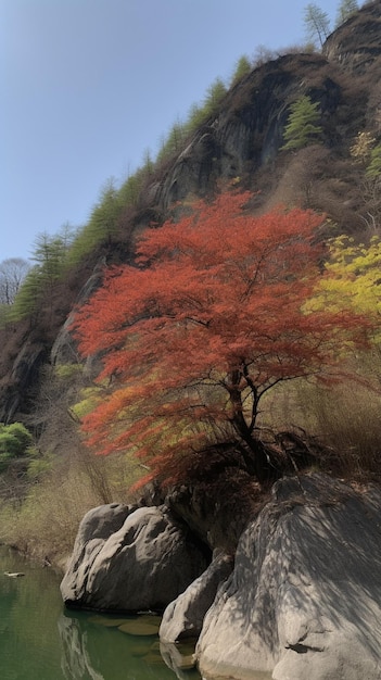 Un albero rosso in montagna