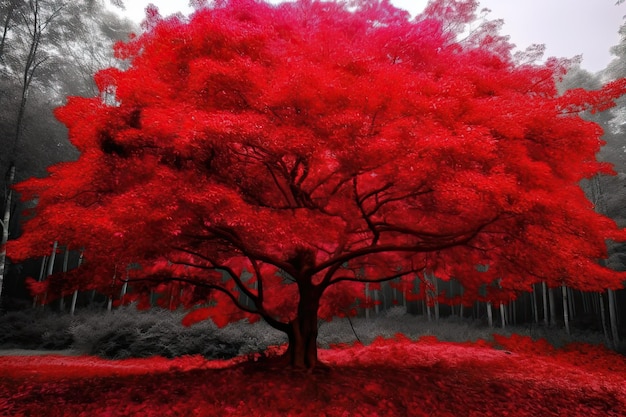 Un albero rosso nella foresta