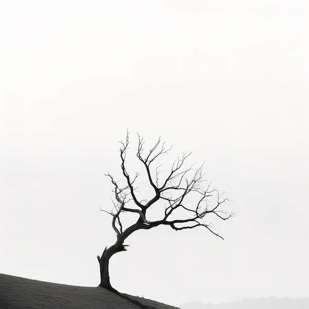 Un albero senza foglie è su una collina nella nebbia.