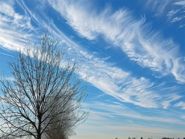 un albero senza foglie in primo piano e un cielo blu con nuvole sottili