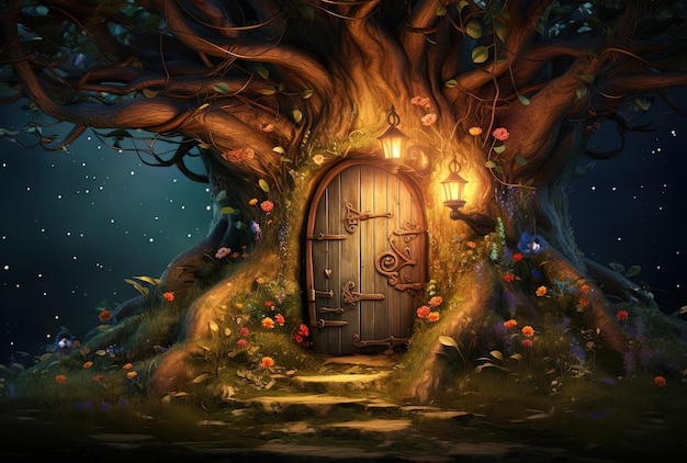 un albero si apre per rivelare una porta nello stile di un'arte fantasy dettagliata