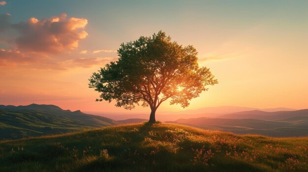 Un albero solitario adorna il paesaggio incorniciato dai colori caldi e tranquilli del sole che tramonta