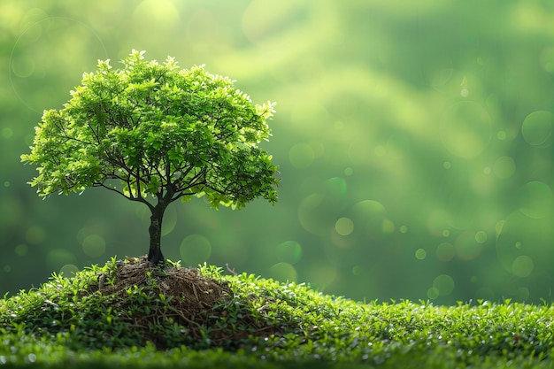 Un albero solitario che si erge maestoso su un piccolo tumulo in una foresta