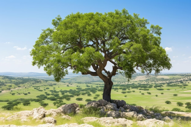 un albero solitario in cima a una collina in mezzo a un campo