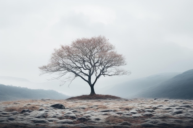 un albero solitario in mezzo a un campo nebbioso