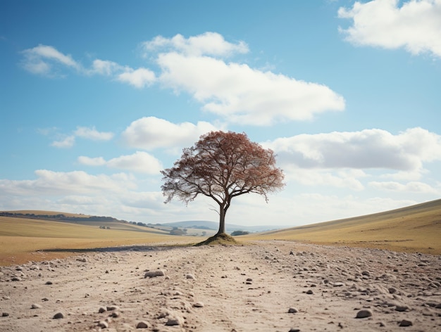 un albero solitario in piedi da solo su una strada sterrata