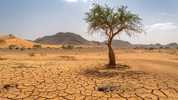 Un albero solitario in piedi in un paesaggio arido del deserto con il suolo fratturato e la montagna sullo sfondo