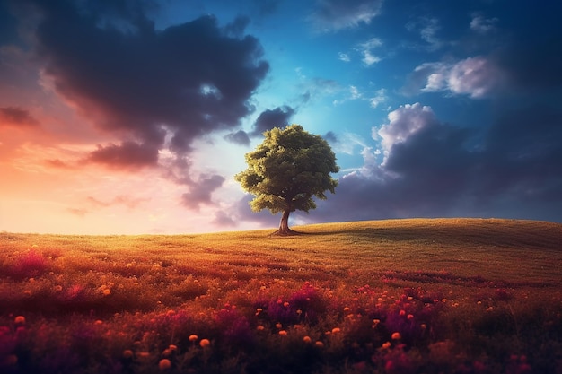 un albero solitario in un campo nello stile di colorato