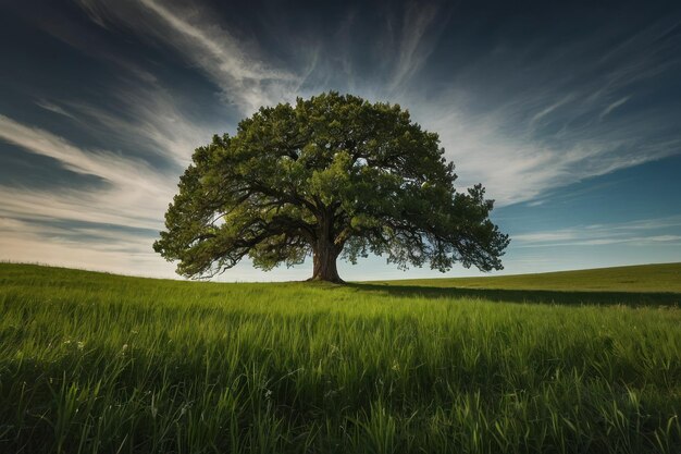 Un albero solitario in un campo verde sotto un vasto cielo