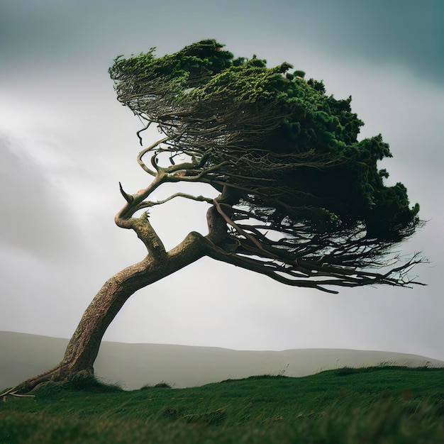 Un albero solitario resistente si piega al vento