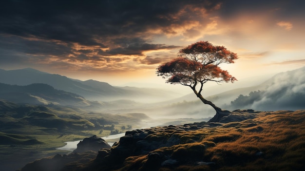 un albero solitario seduto in cima a una collina