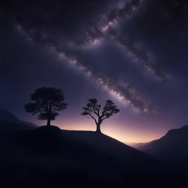 Un albero solitario si erge su una collina serena. L'ambiente è una fusione armoniosa di natura e cosmo