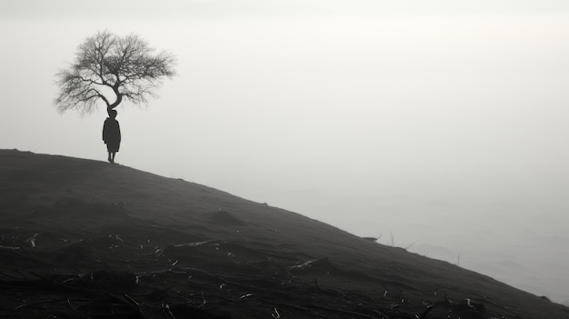 un albero solitario si erge sul bordo di una collina nebbiosa