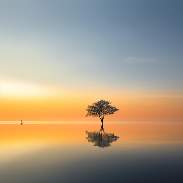 Un albero solitario si riflette nell'acqua con un cielo sullo sfondo.