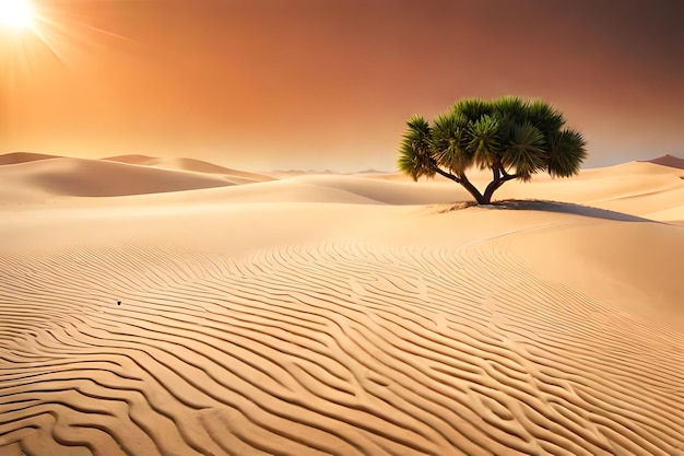 Un albero solitario si trova nel deserto con il tramonto alle spalle.