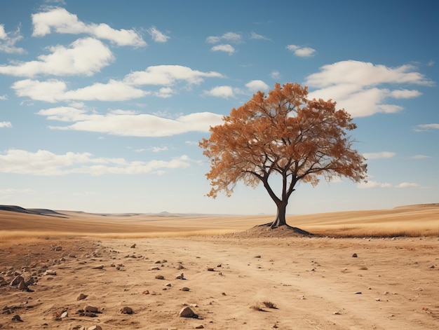 un albero solitario si trova nel mezzo di un campo vuoto