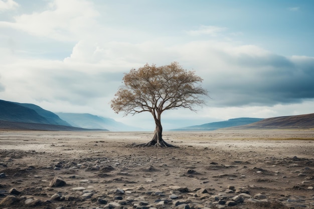 un albero solitario si trova nel mezzo di un paesaggio brullo