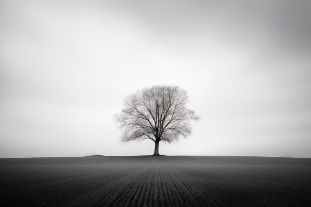 un albero solitario si trova solo in un campo nebbioso