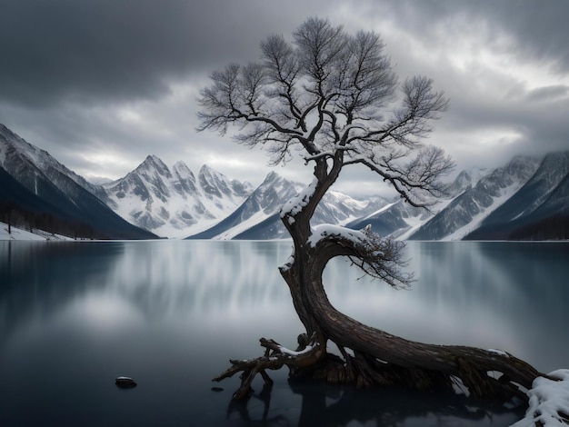 un albero solitario si trova sulla riva di un lago con le montagne sullo sfondo