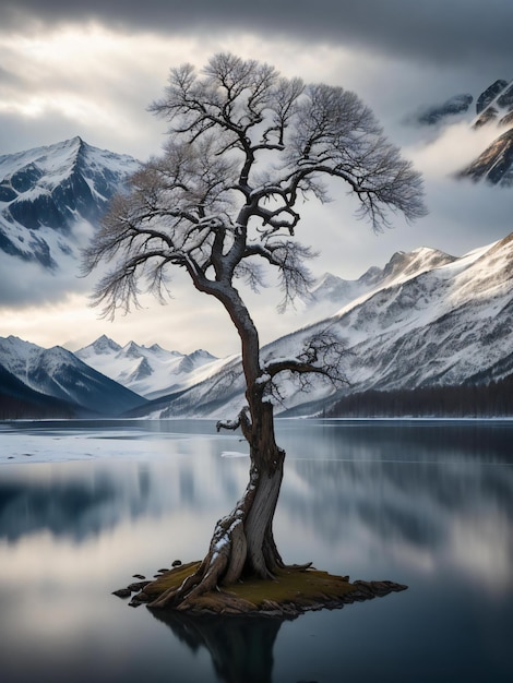 un albero solitario si trova sulla riva di un lago