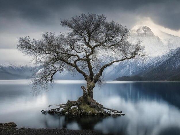 un albero solitario si trova sulla riva di un lago