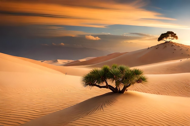 Un albero solitario si trova tra le dune di sabbia.