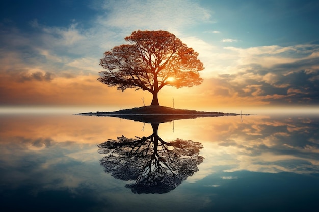 Un albero solitario specchiato nell'acqua IA generativa